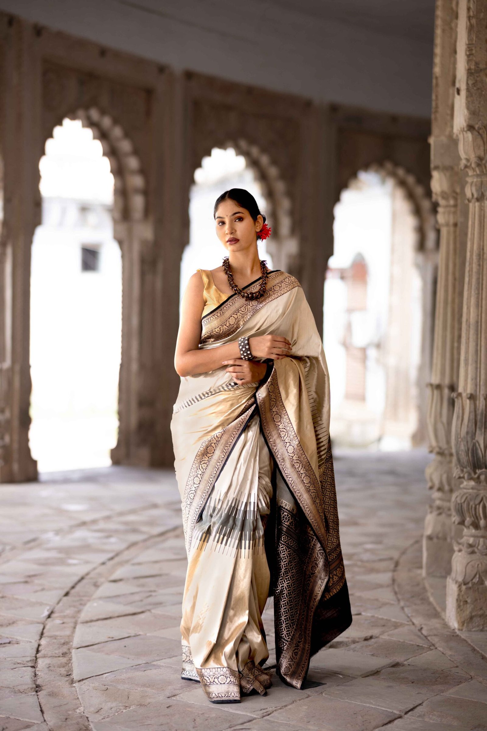 Ash Banarasi Silk Saree with Black Pallu