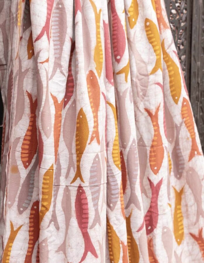 Ivory Cotton Fabric With Yellow And Red Fishes Hand Blockprint - Gallery Image