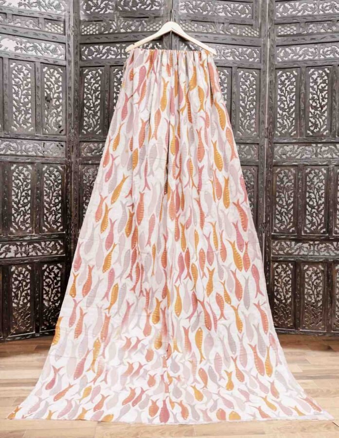Ivory Cotton Fabric With Yellow And Red Fishes