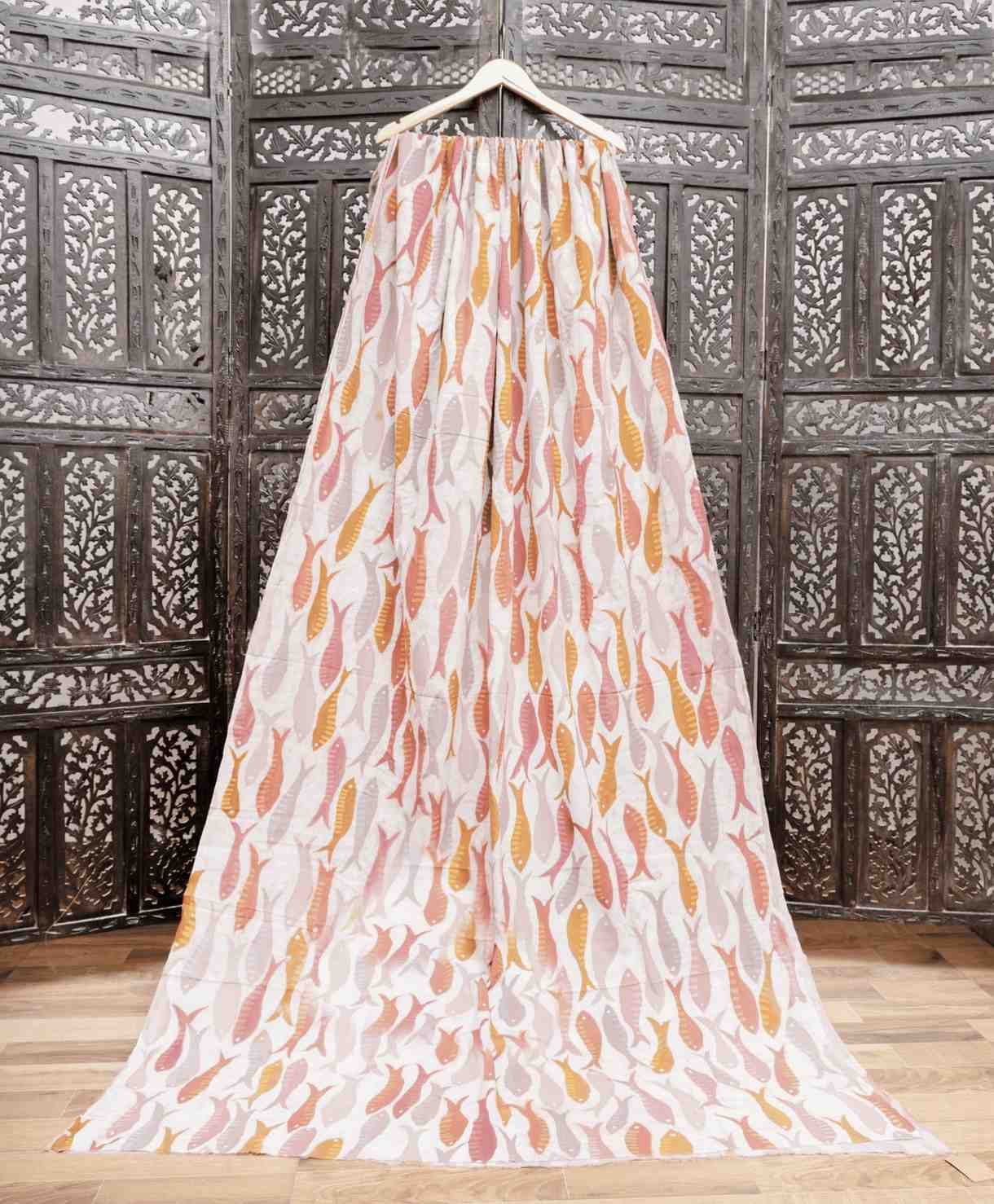 Ivory Cotton Fabric With Yellow And Red Fishes