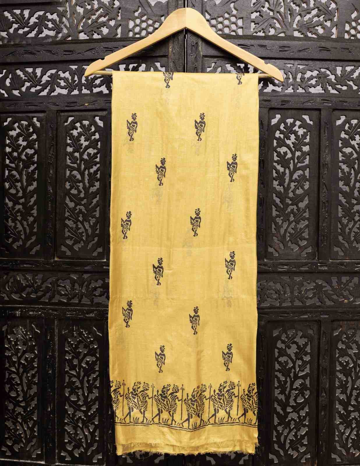 Yellow Kosa Silk Tribal Hand Block Printed Fabric