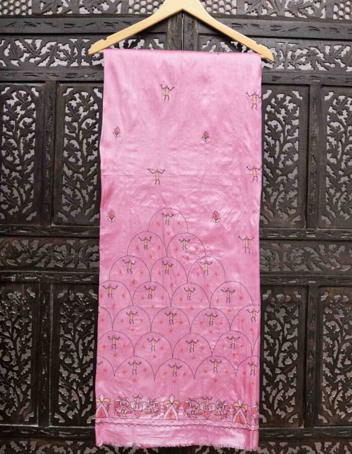 Pink Base With Multicolor Thread Embroidery Kosa Silk