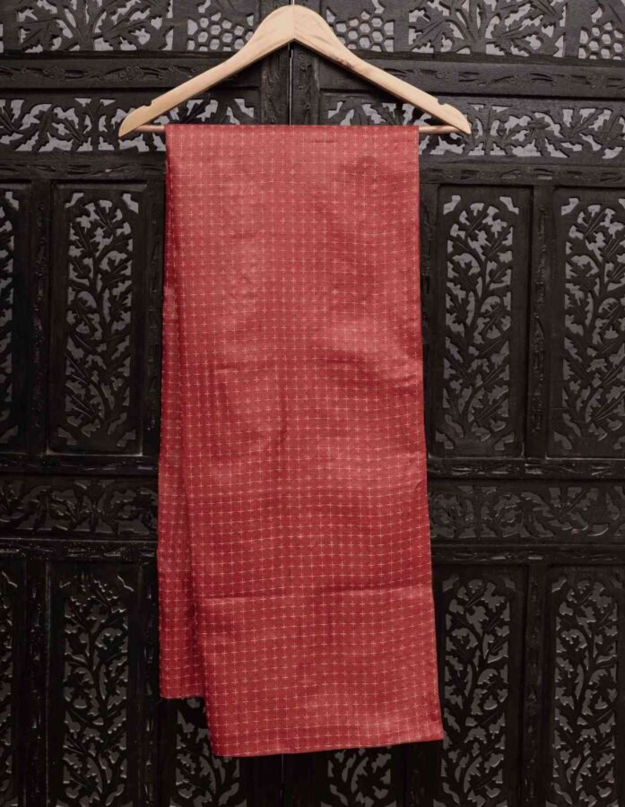 Red Kosa Silk Fabric With Beige Threadwork