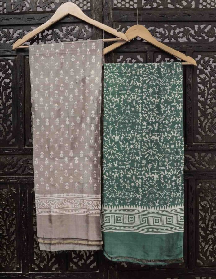 Green & Grey Bishnupuri Silk Dress Material With Hand Block Print