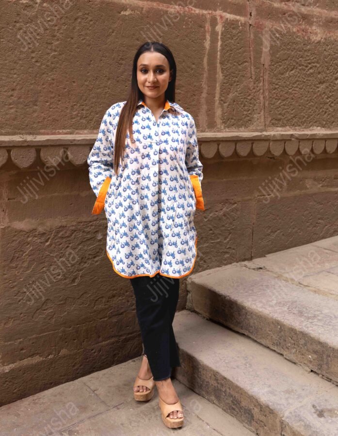 Ivory Cotton Top With Blue Tractor