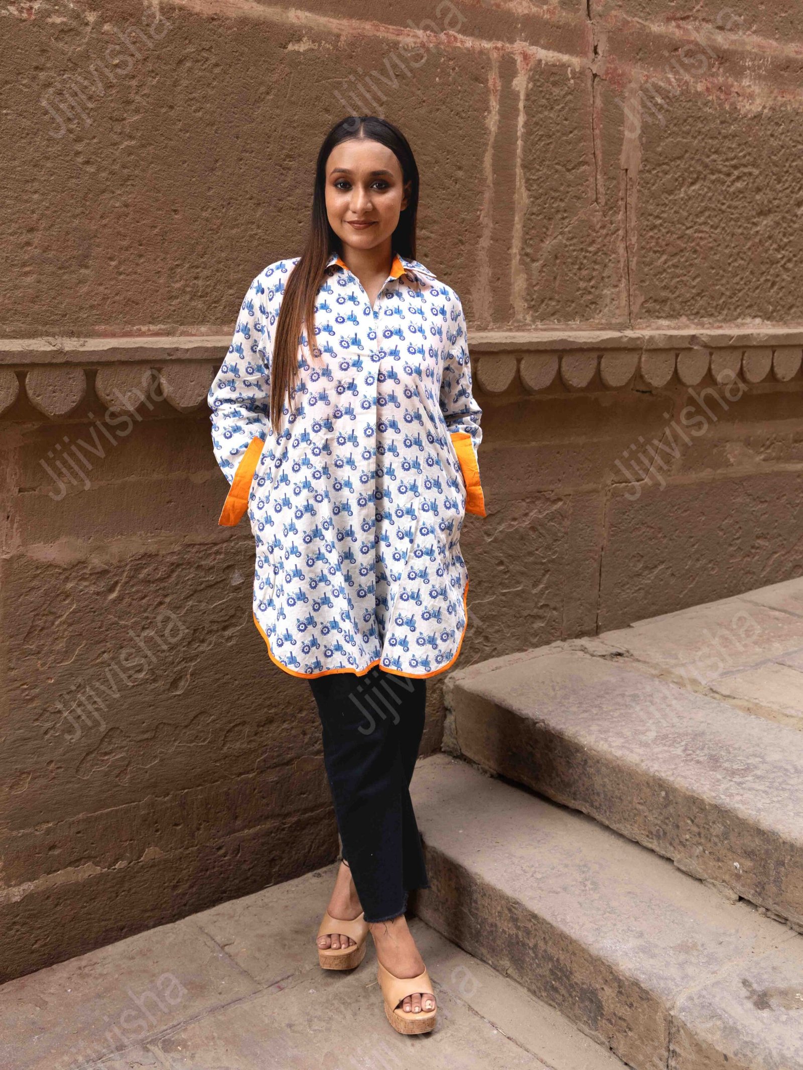 Ivory Cotton Top With Blue Tractor