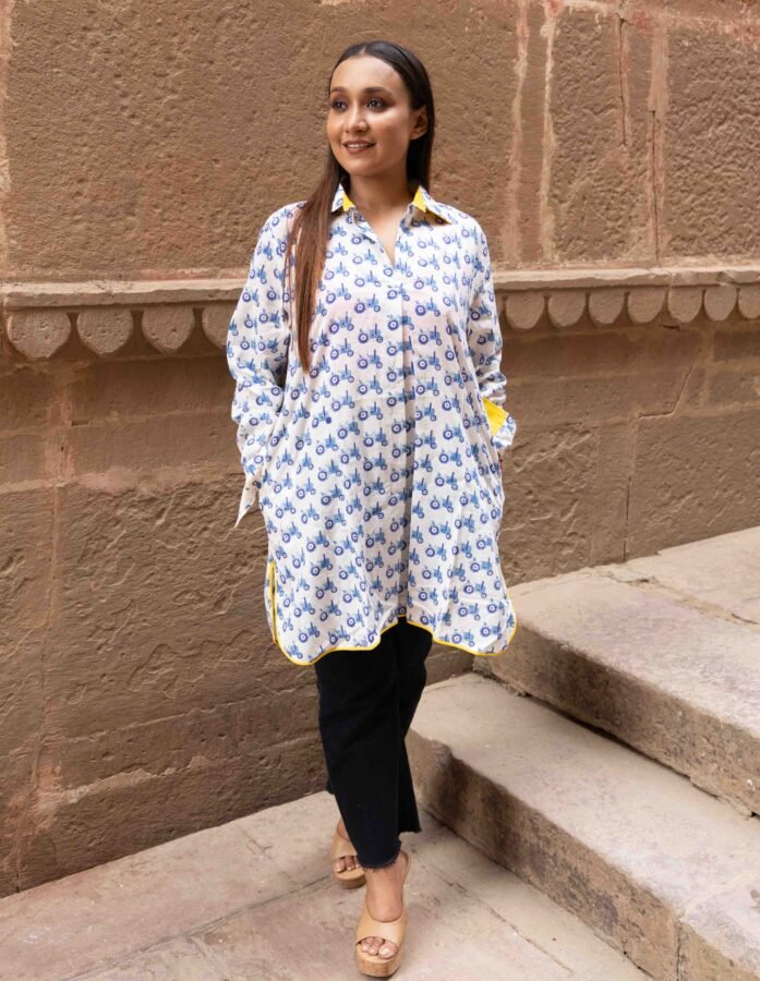 Ivory Cotton Top With Blue Tractor