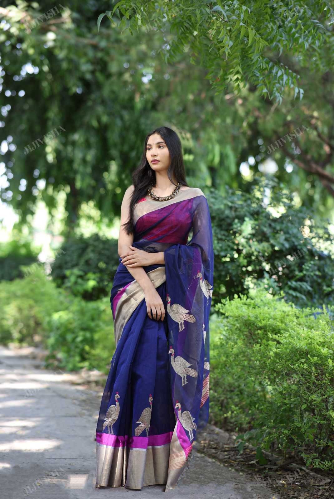 Navy Blue Chanderi Silk Saree