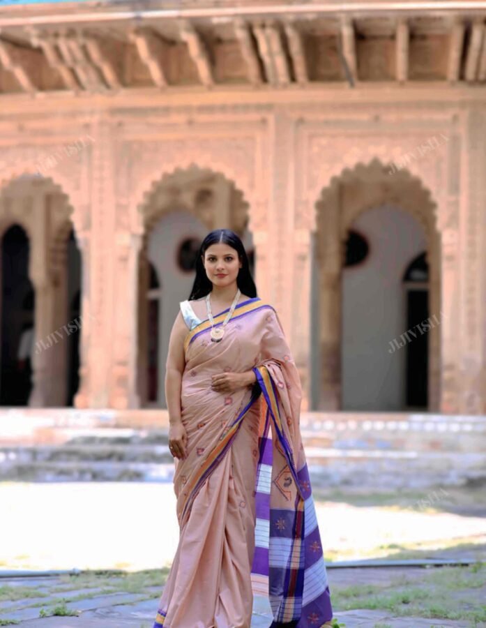 Beige and Purple Kasuti Embroidery Cotton Saree