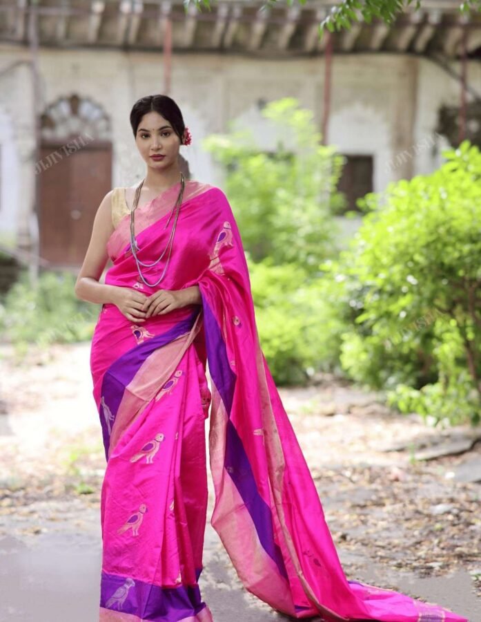 Dark Pink Chanderi Silk Saree with Sparrow Motifs