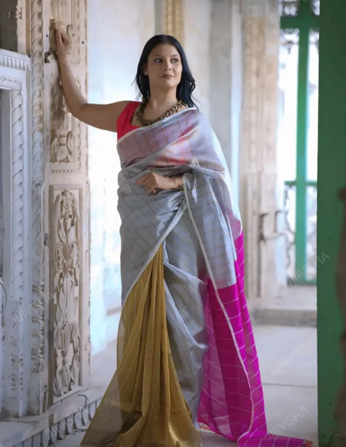Tri-Coloured Handwoven Tissue Silk Saree