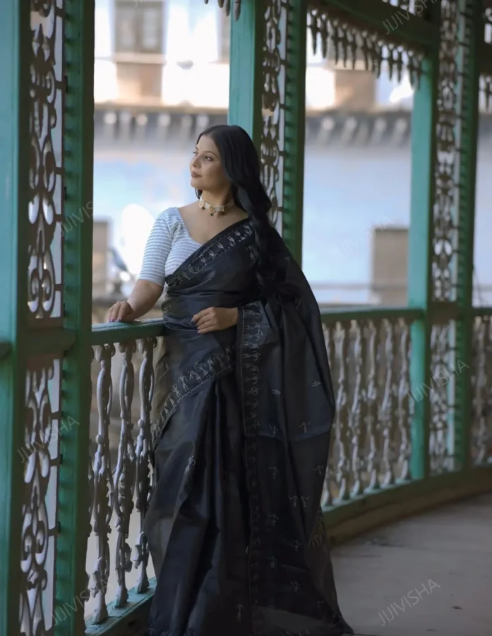 Black Kosa Silk Saree with Silver Aari