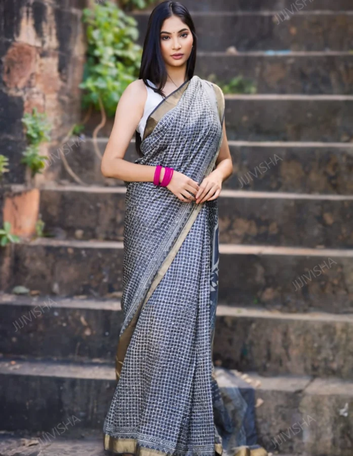 Silken Charcoal Blossom Mulberry Silk Saree