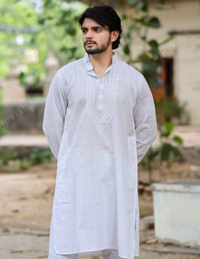 Timeless Tradition: Chikankari Hand Embroidery Men's White Cotton Kurta