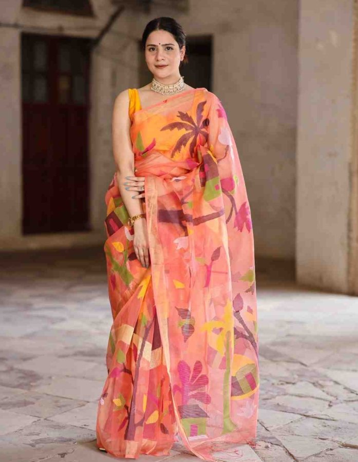 Coral Pink Jamdani Muslin Silk Saree