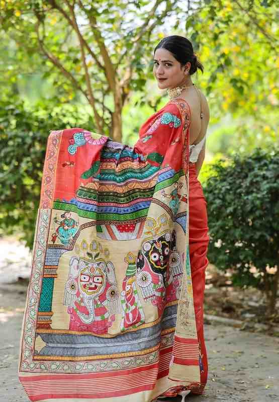 Lal Tussar Silk Pattachitra Hand Painted Saree