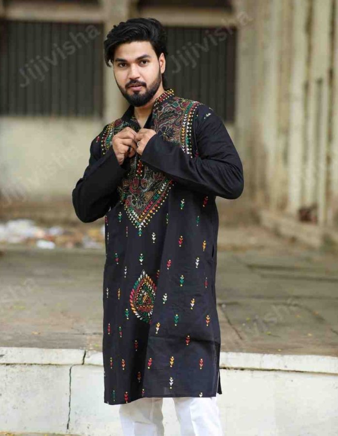 Black Kantha Hand Embroidered Cotton Kurta