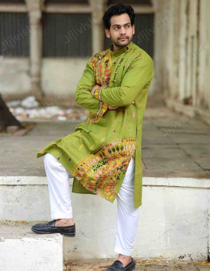Artisanal Kantha: Green Cotton Kurta with Hand Embroidery - Gallery Image