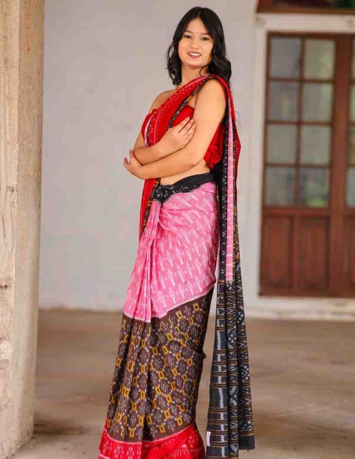 Sambalpuri Ikkat Plain border Double colour Cotton Saree