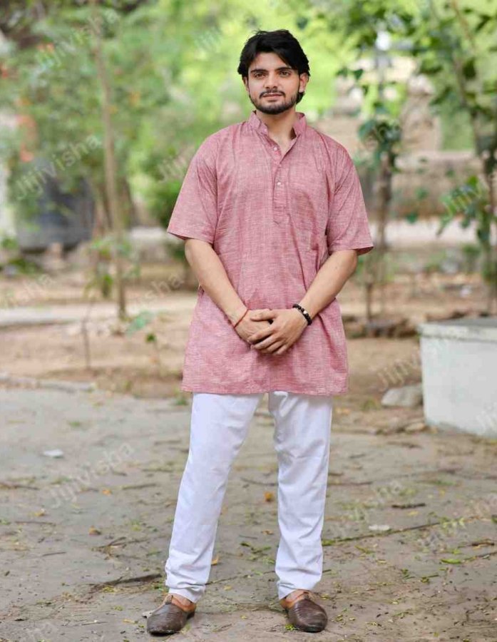 Pink Hand Woven Cotton Half Sleeves Kurta