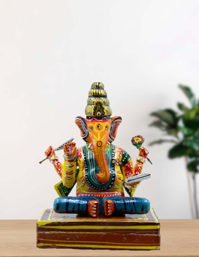 Vibrant Artistry: Multi Coloured Wooden Hand Painted Ganpati