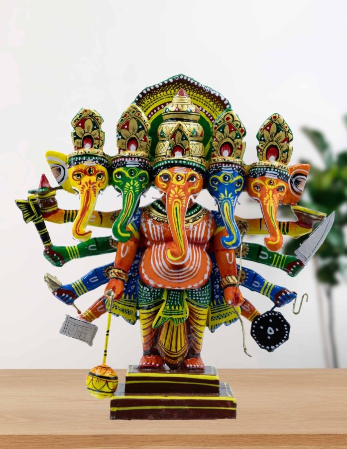 Multi Coloured Hand Painted Panchmukhi Ganpati With Eight Hands