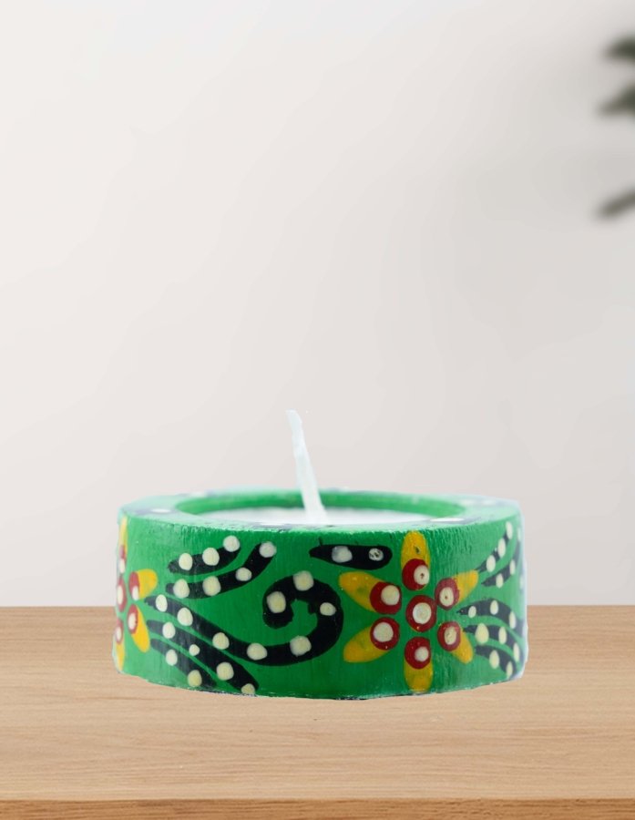 Green Wooden Handpainted Tea Light Candle Holder - Gallery Image