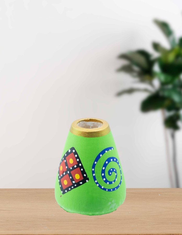 Hand-Painted Wooden Vase with Intricate Geometric Designs
