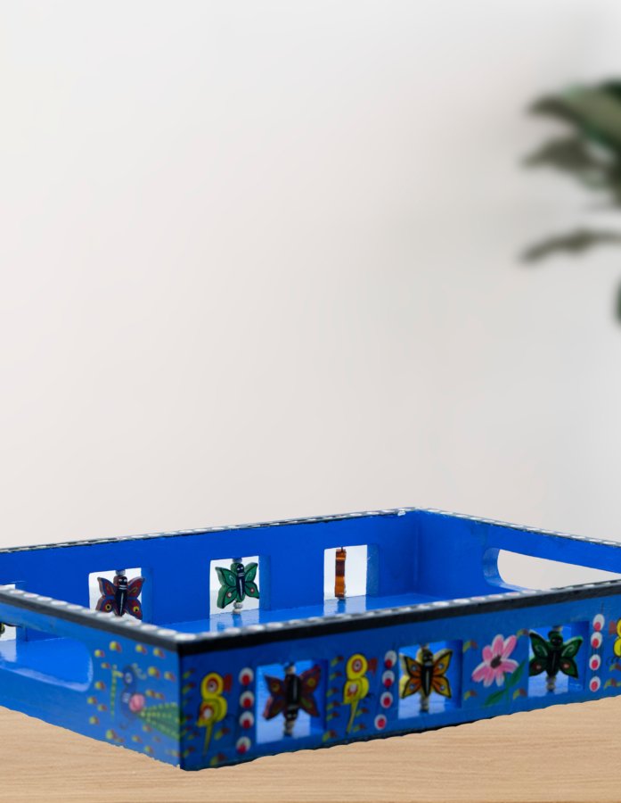 Hand-Painted Blue Wooden Serving Tray with Elegant Design - Gallery Image