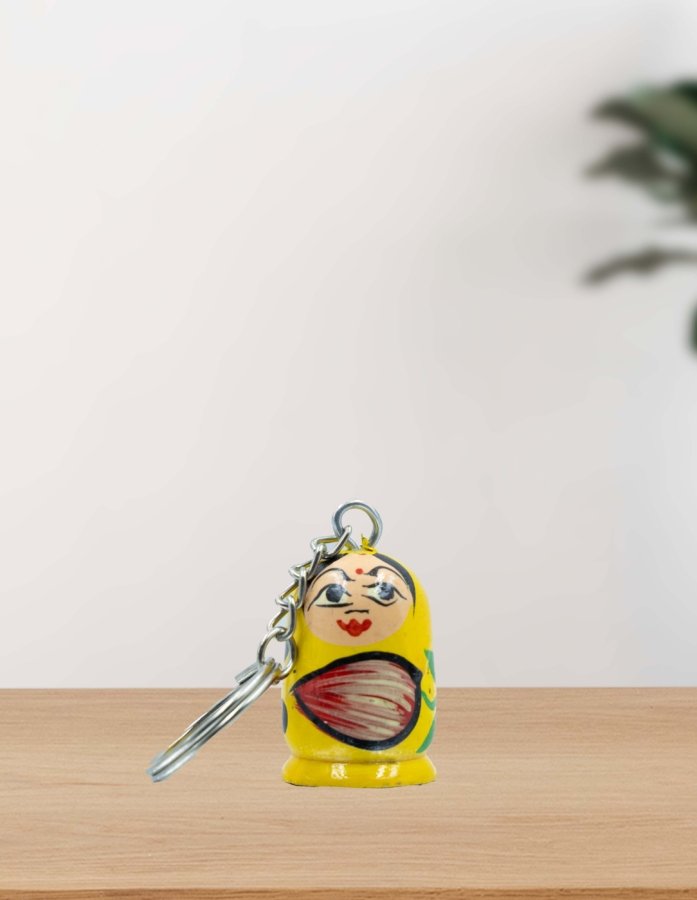 Handcrafted Yellow Hand-Painted Wooden Doll Keychain – Colourful Accessory