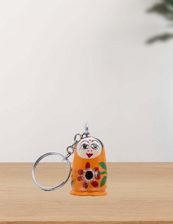 Handcrafted Orange Hand-Painted Wooden Doll Keychain – Unique Accessory