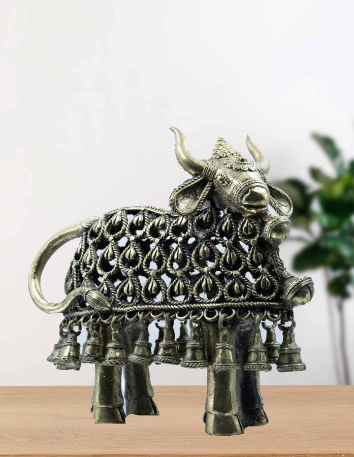 Aarmart Handmade Brass Dokra Art– Standing Nandi Showpiece