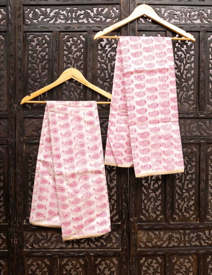 Chanderi Silk Dress Material - Pink Floral Hand Block Print