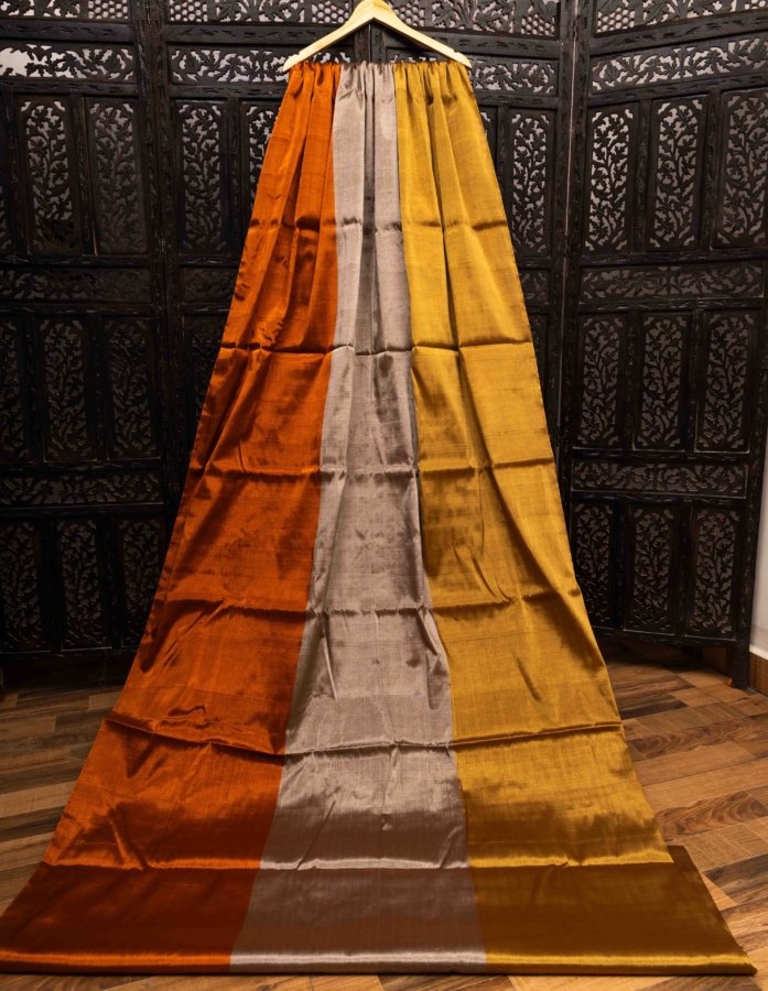 Tricolor Tissue Silk Fabric Copper, Golden & Silver Stripes