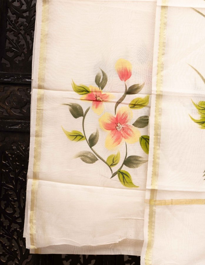 Chanderi Silk Hand Painted Dress Material - Gallery Image