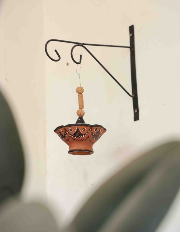 Kutch Handpainted Terracotta Hanging Diya with Tribal Design - Gallery Image