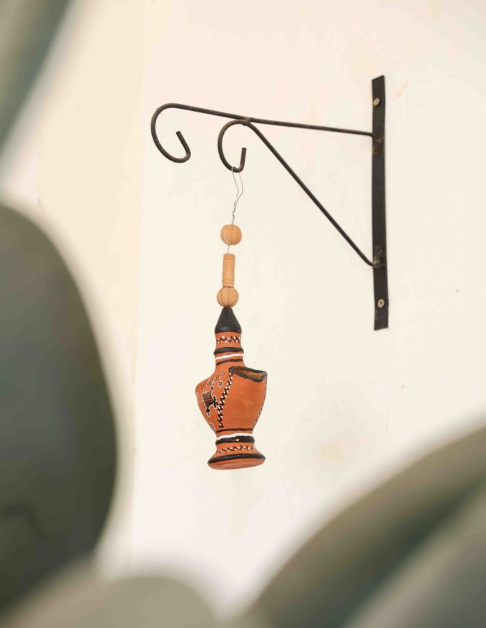 Kutch Haindpainted Terracotta Diya with Intricate Black and White Detailing - Gallery Image