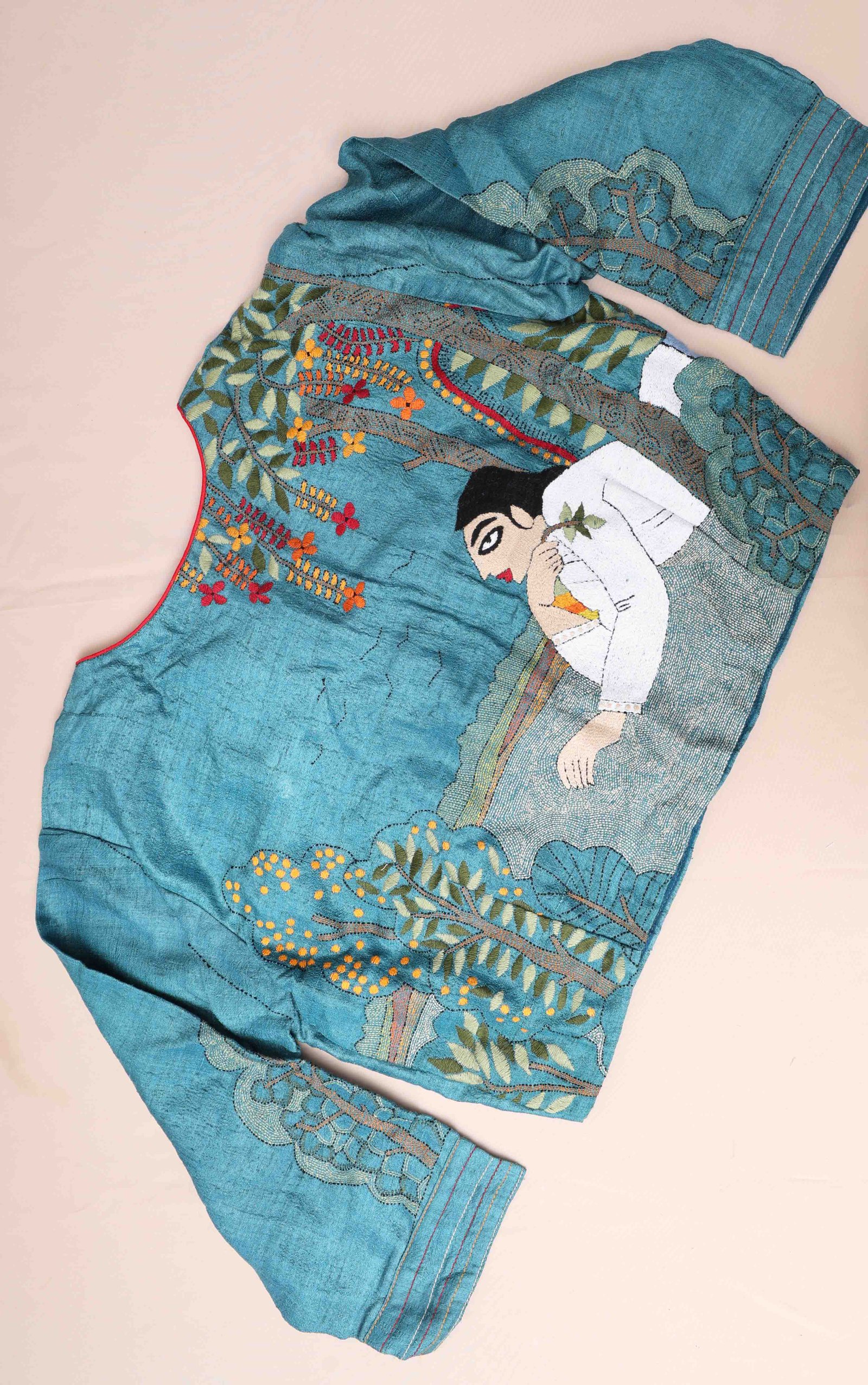 Blue Blouse with Kantha Embroidery In Tussar Silk