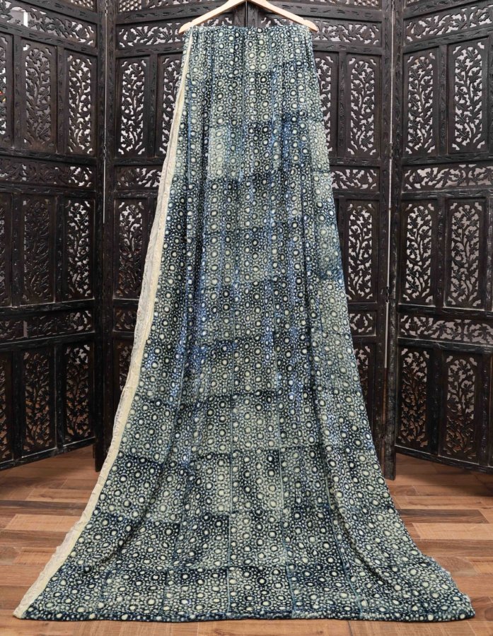 Blue Velvet Fabric With White Print