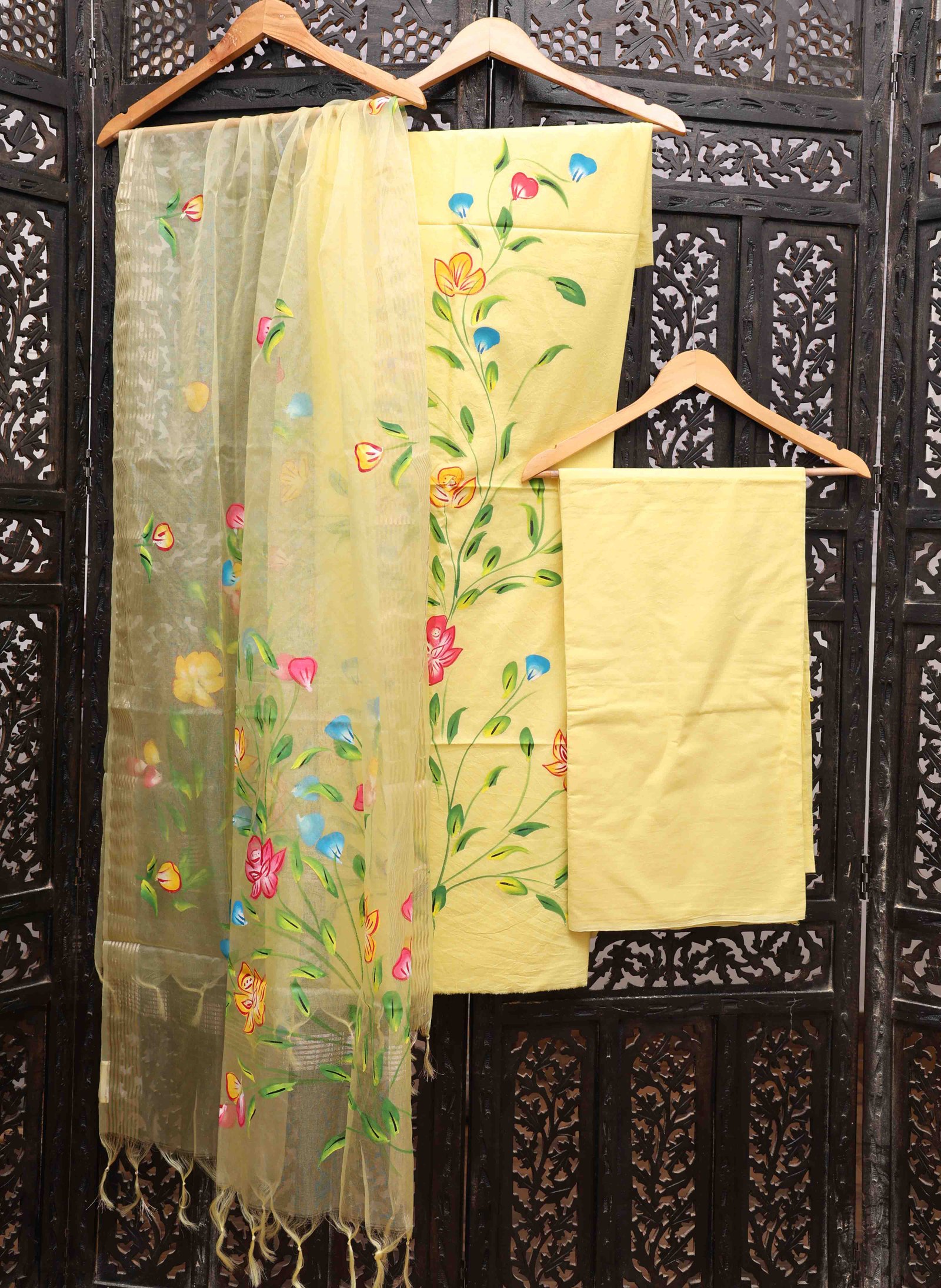 Yellow Cotton Dress Material With Organza Dupatta