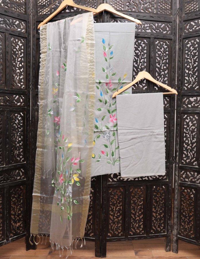 Grey Cotton Hand Painted Dress Material With Organza Dupatta