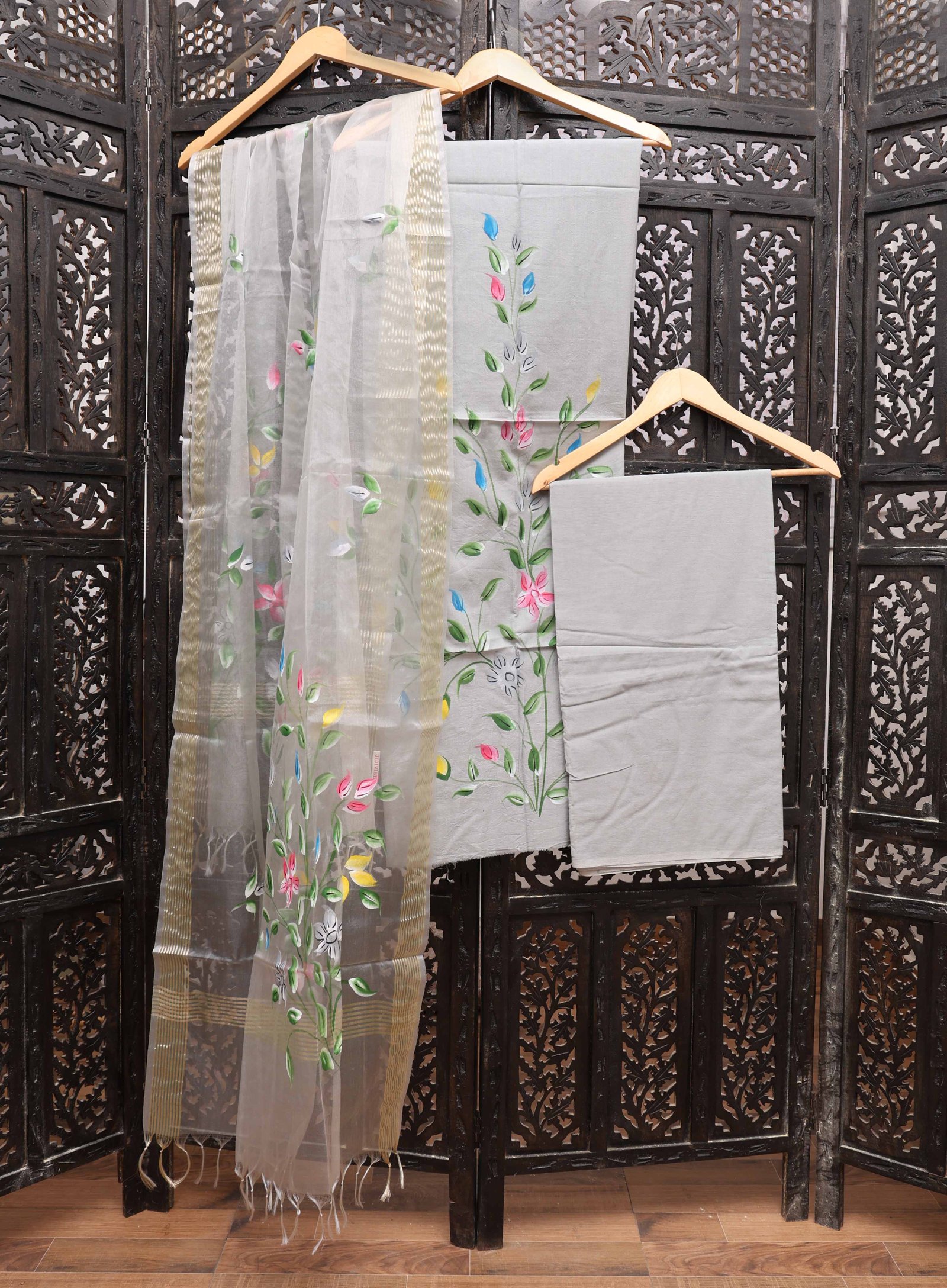 Grey Cotton Hand Painted Dress Material With Organza Dupatta