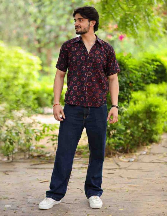 Crimson Blooms: Dark Brown & Red Floral Hand Block Printed Cotton Half Sleevess Shirt