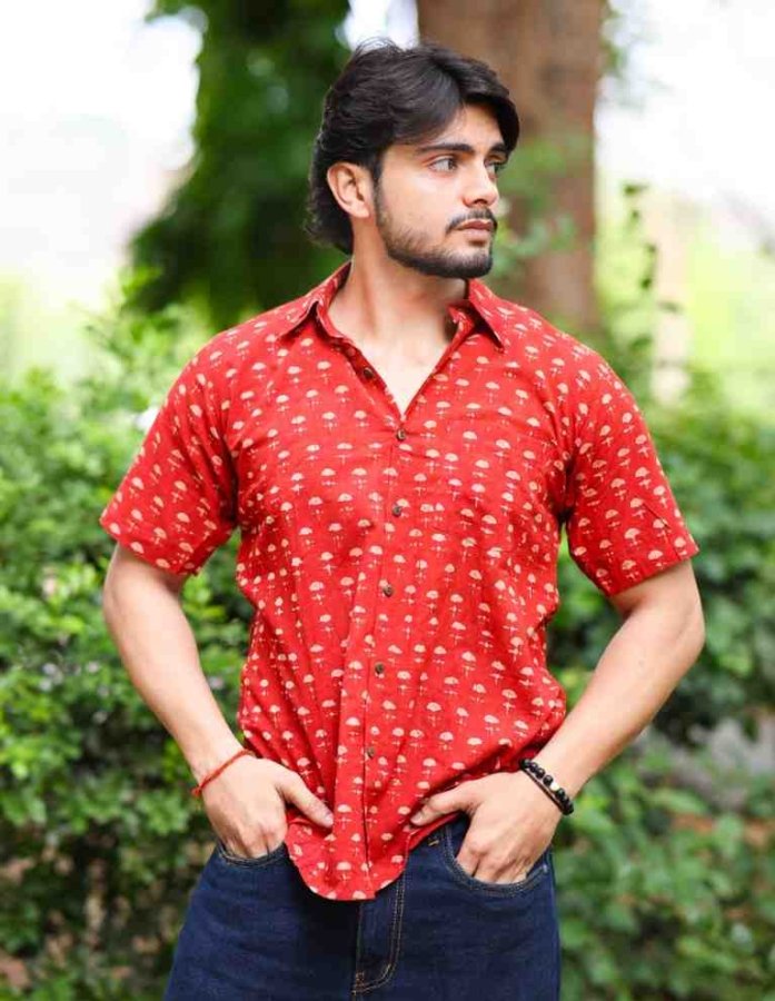 Red Floral Baatik Dyed Cotton Shirt