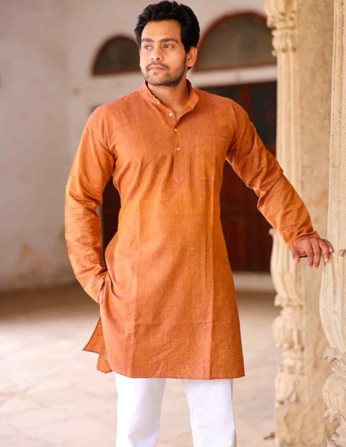 Handcrafted Brown: Superfine Cotton Short Kurta with Chinese Collar
