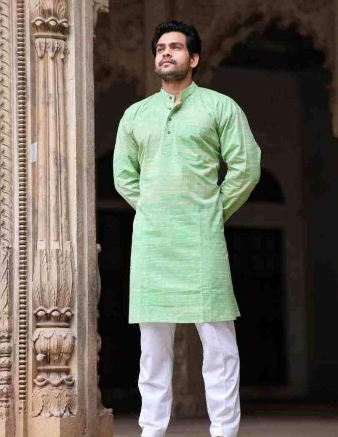 Light Green Hand Woven Cotton Full Sleeves Kurta