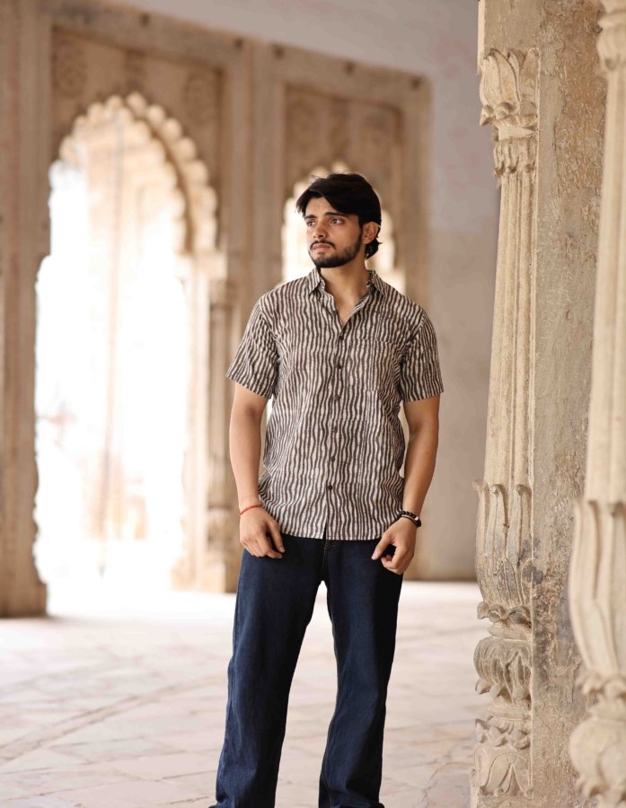 Striped Earthtones: Brown and Beige Hand Block Printed Cotton Half Sleevess Shirt