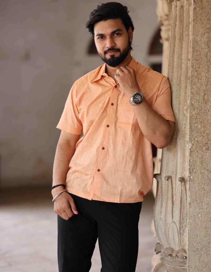 Peach Hand Woven Cotton Shirt - Gallery Image