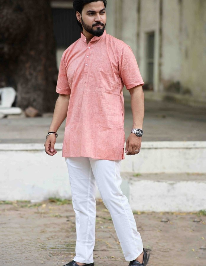 Peach Hand Woven Cotton Half Sleeves Short Kurta