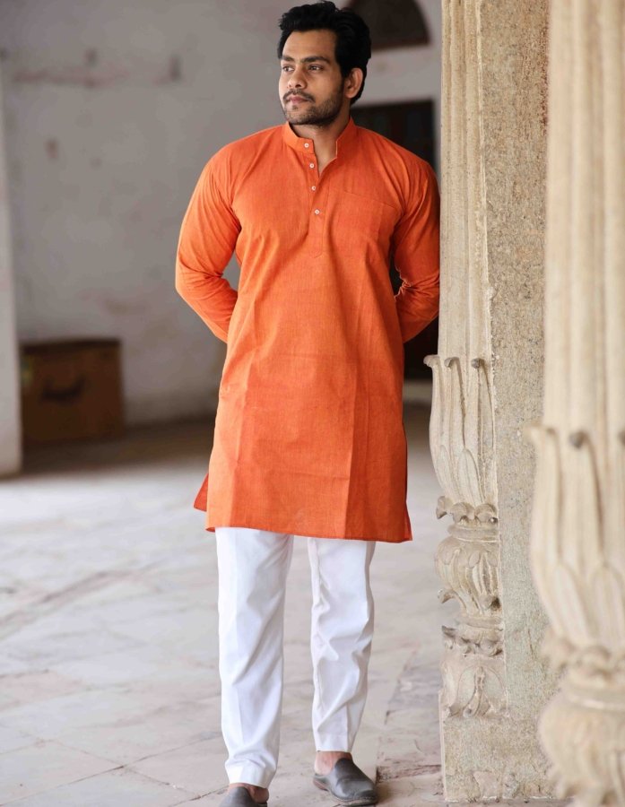 Orange Hand Woven Cotton Full Sleeves Kurta